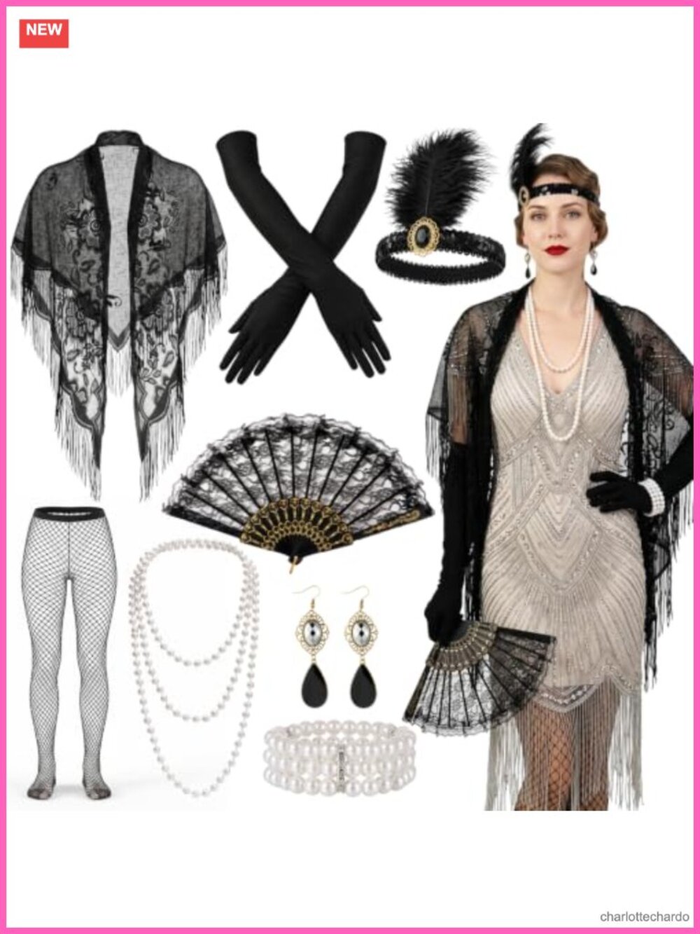 Flapper Costume Accessory Set Lace Shawl Satin Gloves Headband Fan 8 Piece